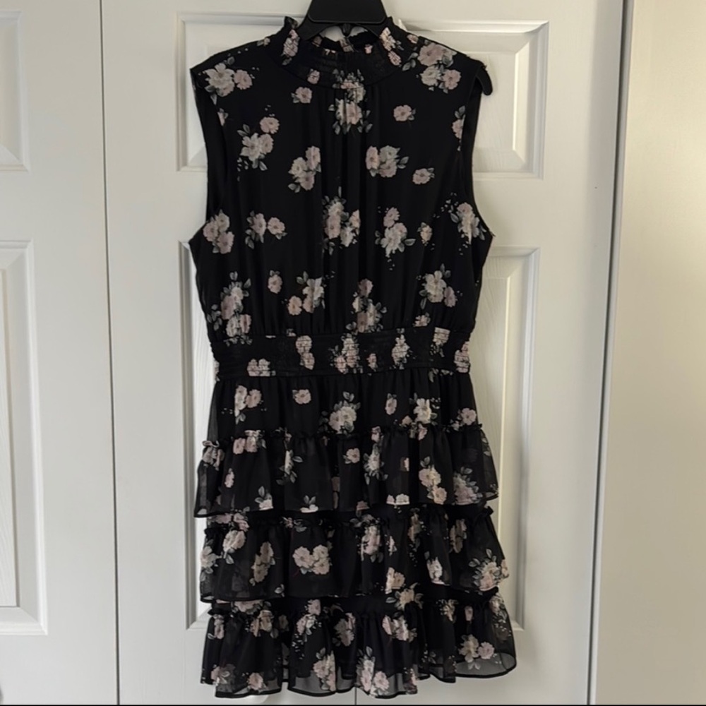 Floral Sleeveless Mock Neck Tiered Ruffle Dress